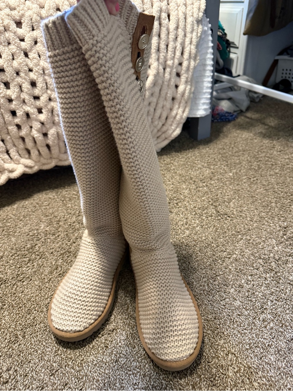 UGG Women's Over-the-Knee Knit Boots in Cream with Button Detail 8